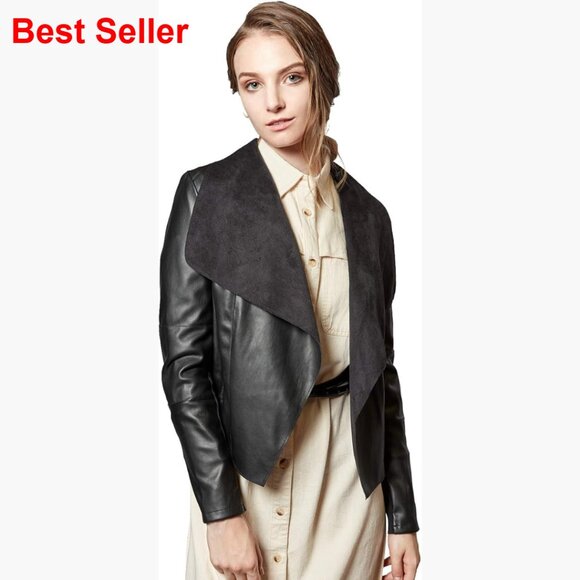 Faux Leather Jacket Slim Open Front Lapel Blazer